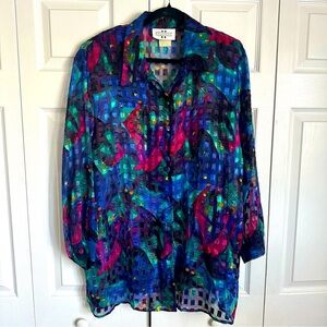 Vintage Studio C Womens Button Up Top Sz 18/20 Sheer Shimmery Metallic Abstract